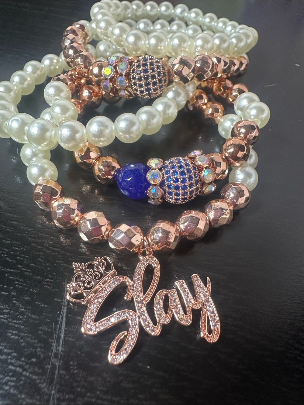 Hand Crafted Rose Gold Pearl Bracelet Stack with Blue Accent